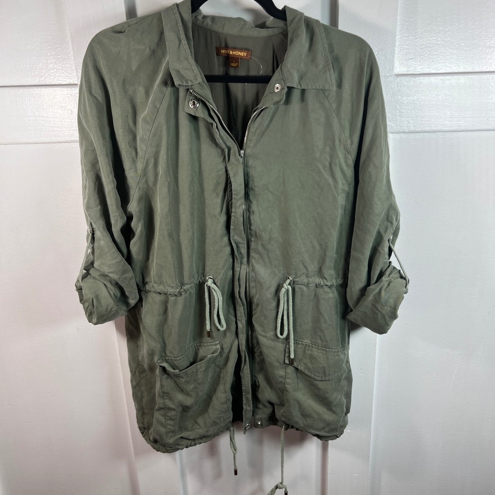 Hive & Honey Olive Green Tencel Utility Jacket Roll Tab Sleeve Large RN 54023
